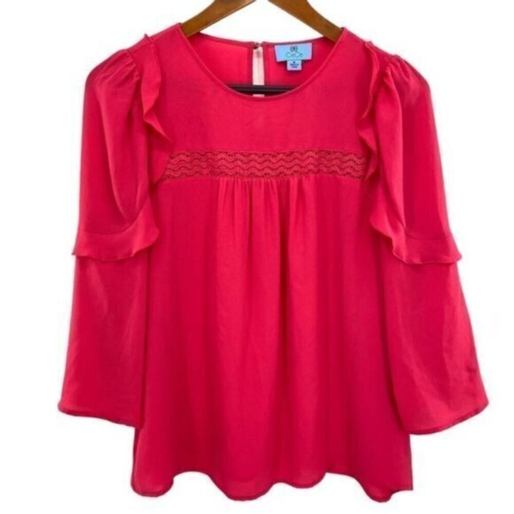 CeCe Pink Ruffle Sleeve Silk Peasant Blouse Top